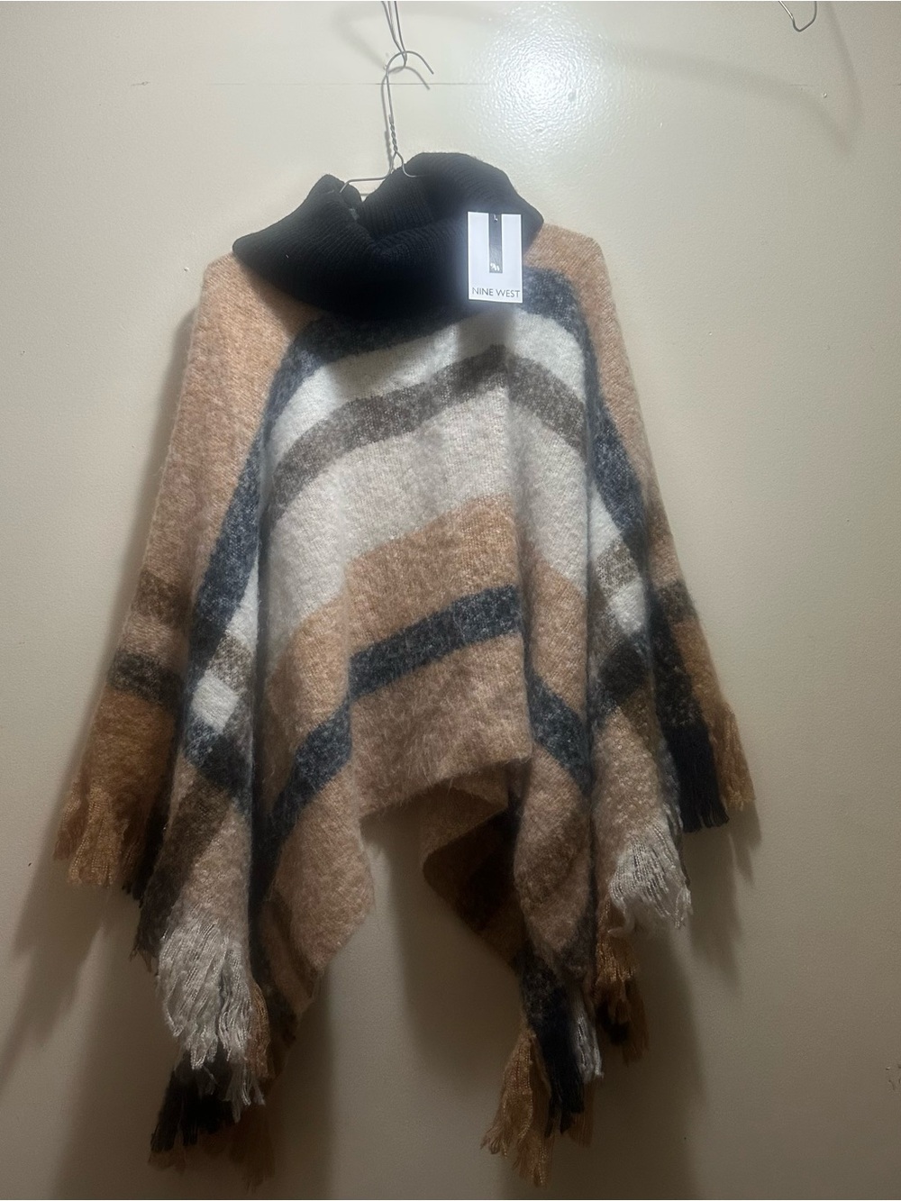 Nine West Multi-Stripe Fringe Poncho in Beige, Black & Cream, NWT